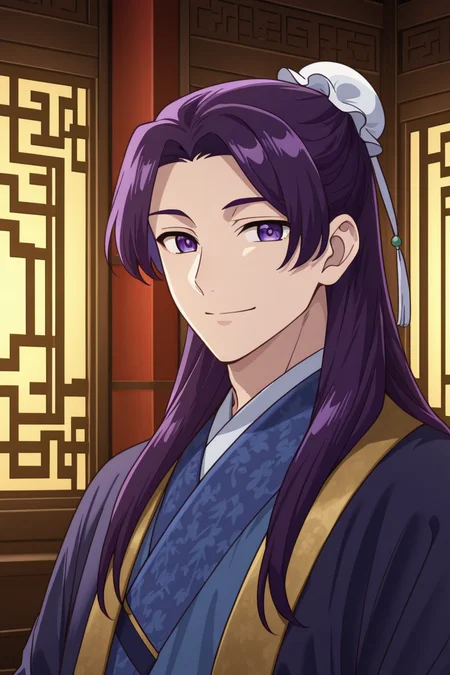<lora:ApothecaryDiaries:1>, ApothecaryDiaries, 1boy, male focus, solo, purple hair, purple eyes, long hair, hair bun, looking at viewer, bun cover, smile, single hair bun, chinese clothes, closed mouth, parted bangs, japanese clothes, indoors
