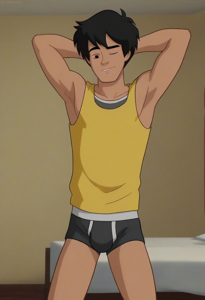 ((masterpiece)), ((best quality)), ((ultra-detailed)), Flim-Flam, 1boy, male focus, solo, black hair, black eyes, Forehead Mark, score_9_up, score_8_up, score_7_up, HD, top quality, best quality, High-quality illustrations, anime screencap, perfect anatomy, 1boy, solo, handsome, cute, attractive, sexy, tall, tall body, tall height, lean body, fit body, slim body, slim waist, white tank top, briefs, underwear, exposed legs, sleepy, joyful, flattered expression, eye wink, cute winking, hand behind head, armpit, showing armpit, bedroom,