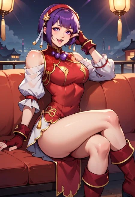 score_9, score_8_up, score_7_up, source_anime, BREAK, <lora:AthenaKOFXV:1>, , AthnaKOFXV, purple hair, purple eyes, short hair, red hairband,pearl (gemstone), off-shoulder, white sleeves, fingerless gloves, short china dress, thighs, sitting, stage lights, hand on own face, open mouth, sitting, couch, ankle boots, crossed legs, looking at viewer, 1 girl, solo, breasts, smile,