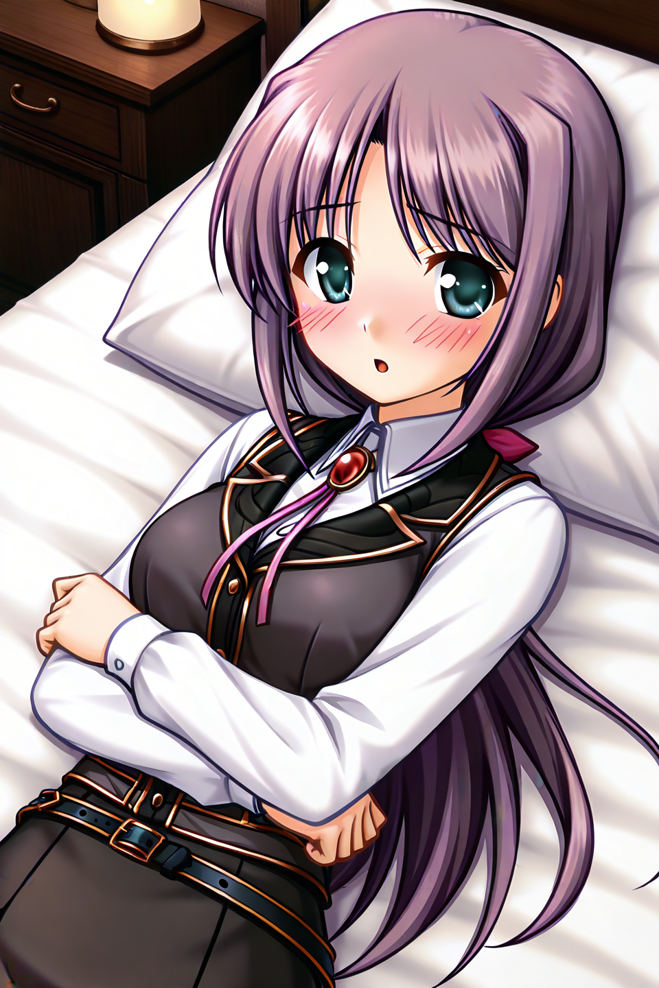 masterpiece, best quality, absurdres, official art, official style, rating generael BREAK <lora:lavria_IL_v1-1:0.7>, lavria, 1girl, solo, aqua eyes, green eyes, purple hair, very long hair, parted bangs, hair intakes, sidelocks, low ponytail, hair bow, pink bow, medium breasts, large breasts, brooch, bolo tie, black vest, black collar, white shirt, dress shirt, collared shirt, long sleeve shirt, belt, belt buckle, skirt set, long skirt, blush, looking at viewer, :o, on bed, pillow, open mouth, bed sheet, dutch angle, from above, indoors, black skirt, parted lips, bed, blush stickers, bedroom, close-up, embarrassed, portrait, shy