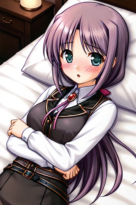 masterpiece, best quality, absurdres, official art, official style, rating generael BREAK <lora:lavria_IL_v1-1:0.7>, lavria, 1girl, solo, aqua eyes, green eyes, purple hair, very long hair, parted bangs, hair intakes, sidelocks, low ponytail, hair bow, pink bow, medium breasts, large breasts, brooch, bolo tie, black vest, black collar, white shirt, dress shirt, collared shirt, long sleeve shirt, belt, belt buckle, skirt set, long skirt, blush, looking at viewer, :o, on bed, pillow, open mouth, bed sheet, dutch angle, from above, indoors, black skirt, parted lips, bed, blush stickers, bedroom, close-up, embarrassed, portrait, shy