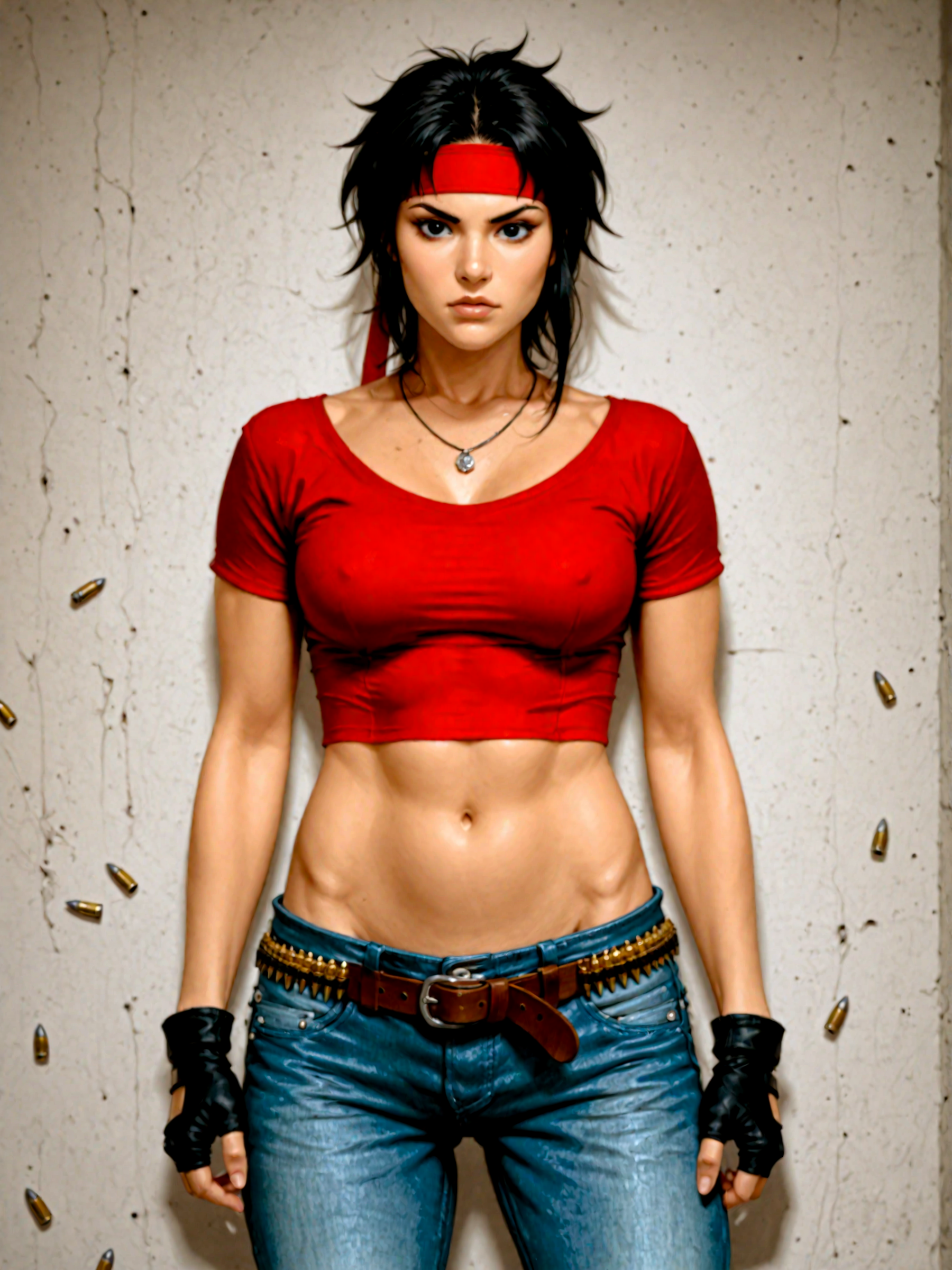 ILXLpos,rosa_f, 1girl, cropped shirt, black hair, black eyes, cropped shirt, necklace, headband, ribbon, bullet, belt, jeans, red shirt, fingerless gloves,looking at viewer,solo,<lora:Rosa:0.8>