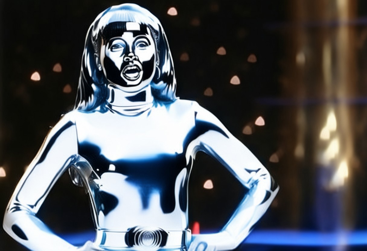 chrome statue of power ranger Aisha, straight chrome hair, chrome hairband, fringe, alone, helmetless, chrome catsuit, chrome turtleneck collar, chrome gloves belt, worried facial expression, gasping, entirely made of chrome, command centre, hyperdetailed photography