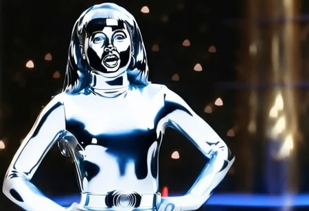 chrome statue of power ranger Aisha, straight chrome hair, chrome hairband, fringe, alone, helmetless, chrome catsuit, chrome turtleneck collar, chrome gloves belt, worried facial expression, gasping, entirely made of chrome, command centre, hyperdetailed photography