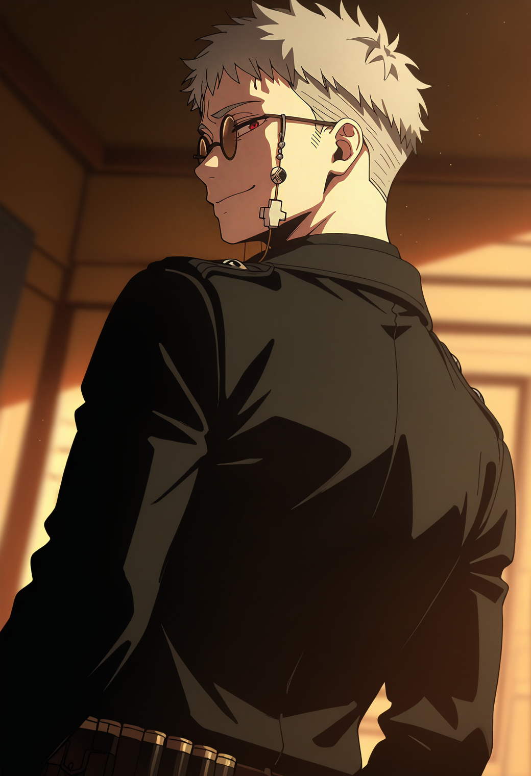 <lora:Fujimoto_Shiro_Blue_Exorcist__Ao_No_Exorcist__éã®ç¥é­å¸«_v2:1>,
fsh1r0,grey hair,red eyes,1boy,male focus,solo,round eyewear,glasses,fsh1r0_eyewear_strap,fsh1r0_outfit,(muscular male:0.6),
from behind,looking back,smile,bloom,high contrast,visual effects,upper body,dutch angle,depth of field,
masterpiece,best quality,amazing quality,absurdres,highres