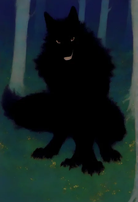 male, solo, anthro, digitigrade, (fur), fluffy fur, canine,  black fur, claws, teeth, smile, looking at viewer, pose, outside, forest, brown eyes, BREAK masterpiece, best quality, newest,  high quality, very aesthetic, very awa, m0m0w4,  <lora:Momowa Style:1>