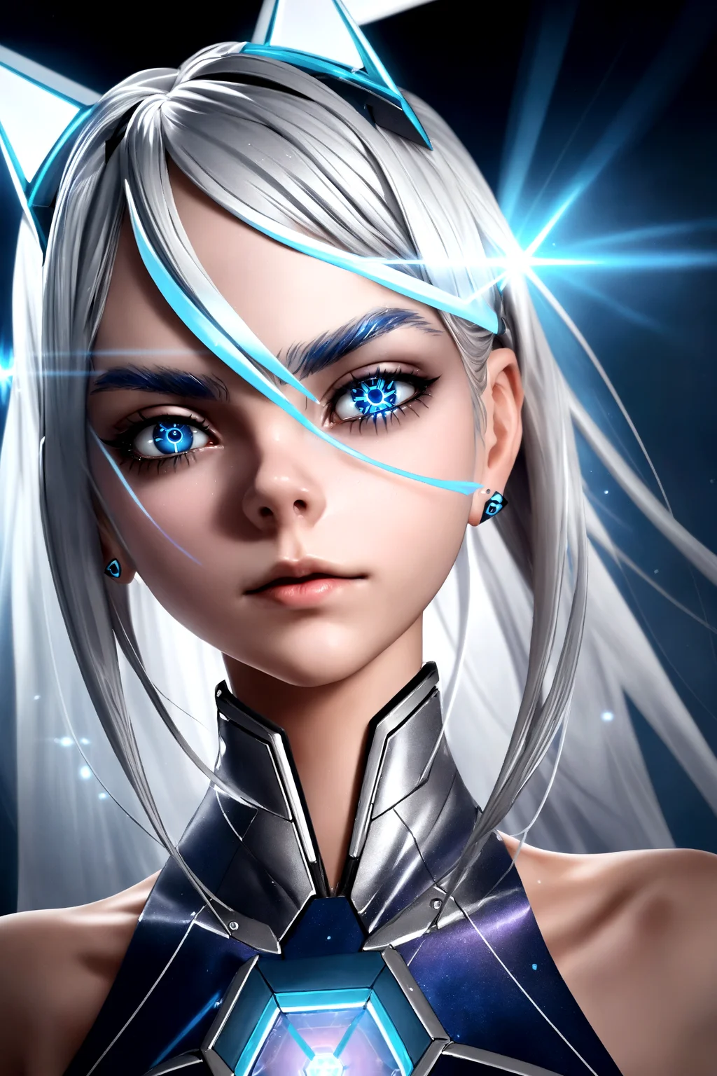 a woman, (Cara Delevigne:1.05) silver hair in a blue geometric chamber, detailed shading, high resolution, cinematic lighting.
Character floating, as if suspended in zero gravity.
Low angle shot, looking up at the character, emphasizing power.
Diffused light, creating soft gradients in the background.Foggy atmosphere, with rays of light piercing through.