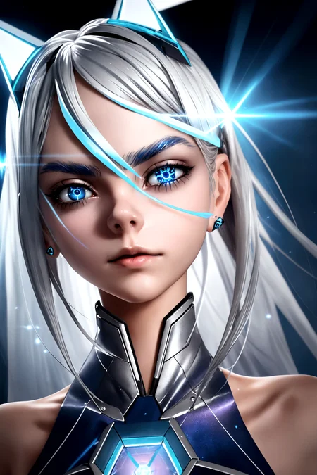 a woman, (Cara Delevigne:1.05) silver hair in a blue geometric chamber, detailed shading, high resolution, cinematic lighting.
Character floating, as if suspended in zero gravity.
Low angle shot, looking up at the character, emphasizing power.
Diffused light, creating soft gradients in the background.Foggy atmosphere, with rays of light piercing through.