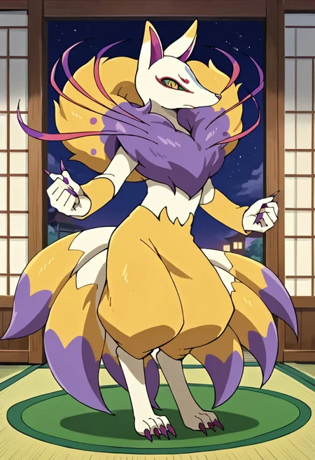 BREAK score_9_up score_8_up score_7_up, source_anime, (frontal), anime style, glitter, high quality, Kyubi_Yo-kai, golden fur, white legs and torso, purple fur on the chest, nine tails, multiple tails, purple tail tips, long purple nails, full body, sanctuary, interior,