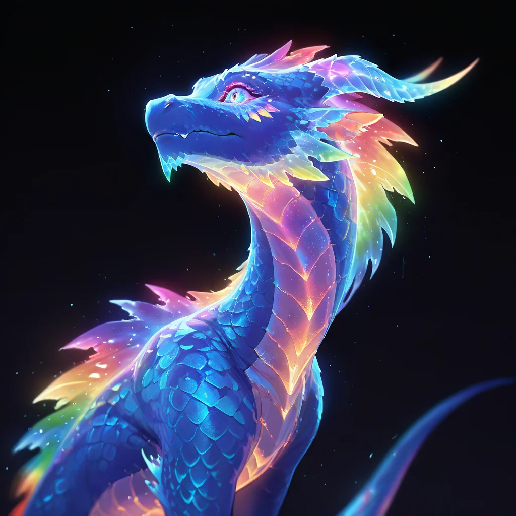 sfw, art style, ,masterpiece,(best quality),extremely detailed , luminous, , depth of field, bioluminescence dragon, sky, rainbow colour, black background, Glowing_Nature<lora:challenge\Glowing_Nature.safetensors:0.75:0.75>