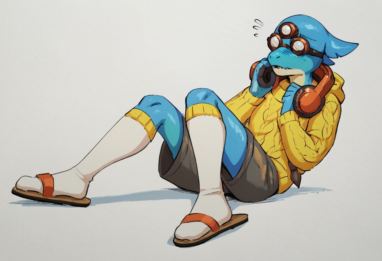 score_9, score_8_up, score_7_up, score_6_up, score_5_up, score_4_up, source_furry, source_anime, starbound, gmmq, zibj, hylotl, koichi \(starbound\), humanoid, marine, anthro, solo, clothing, footwear, socks, male, topwear, mammal, sweater, hi res, simple background, blue body, bottomwear, clothed, yellow topwear, shorts, white background, eyewear, legwear, traditional media \(artwork\), blue skin, shirt, sandals, (3 eyes, goggles, opaque glasses:1.1), light blue body, countershading, multicolored body, eyes, looking at viewer, headphones, pose, 19 years old, adult, nervous, small blush
<lora:koichi-starbound_ponyv6_v1:1>aaa
