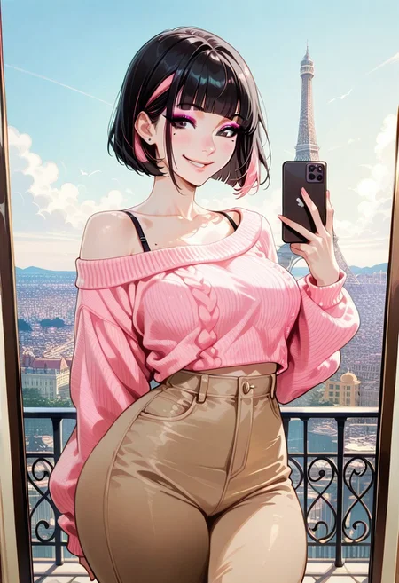 masterpiece, best quality, 32k, high resolution, absurdres, 1girl,Sarah, SarahRH, short black hair, bob cut, straight hair, blunt bangs, dyed bangs (pink), (pink) streaked hair, dark eyes, cute face, beautiful lips, medium breasts, curvy, large hips, pale skin, mole under her eye, moles on her body, makeup, off shoulder sweater, ((Pink-cyan) gradient sweater) , black bra strap, brown pants, posing, sunny, Paris, eifel tower on background, selfie, beautiful smile, v-gesture