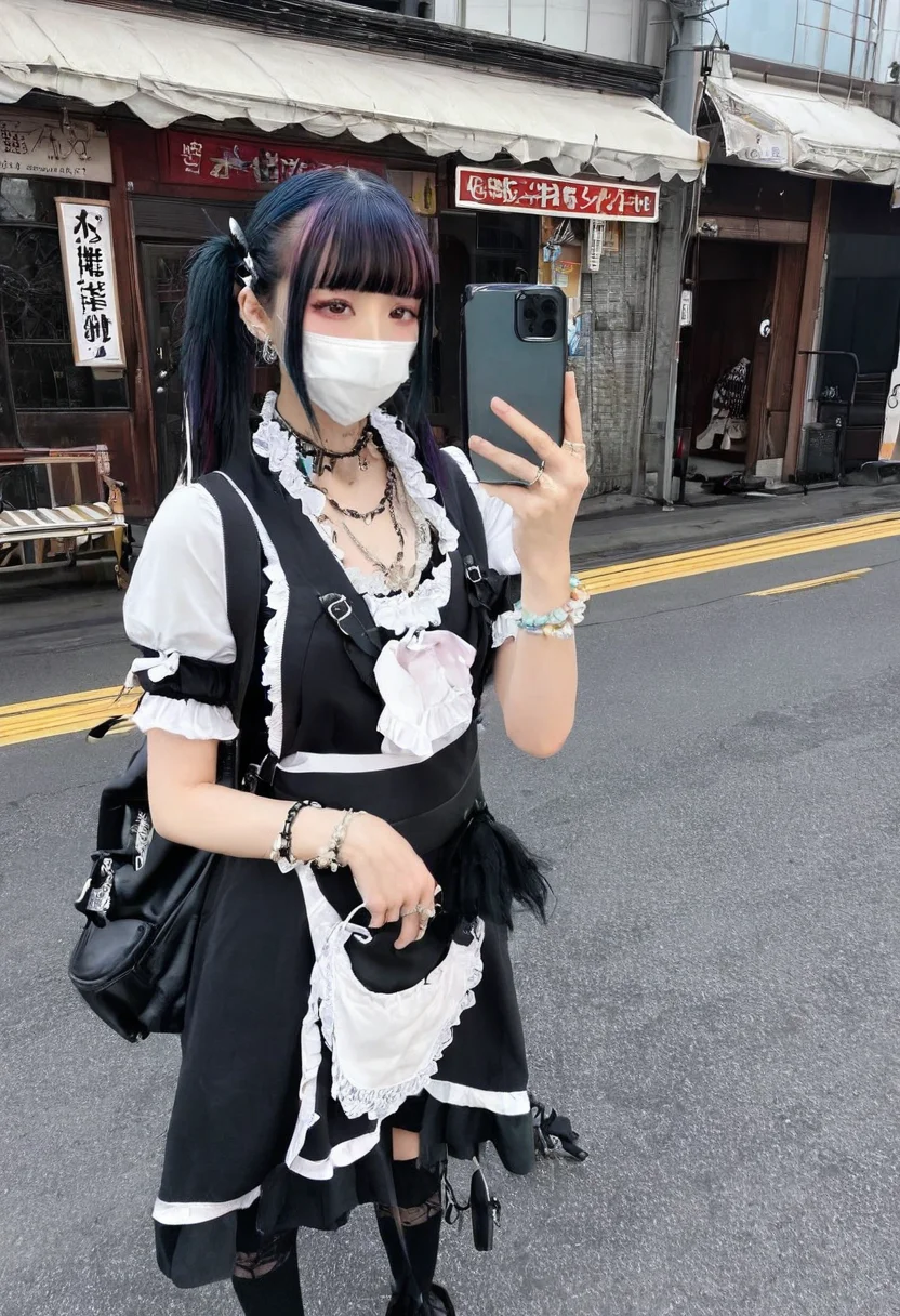 onlyfans,selfie,masterpiece,best quality,jirai kei, jiraikei face, a woman, jewelry, solo, twintails, mask, mouth mask, bag, ring, black hair, necklace, long hair, earrings, dress, eyes, looking at viewer, bangs, socks, bracelet, standing, backpack, black footwear, apron, blunt bangs, black dress, shoes, handbag, short sleeves, multicolored hair, maid, photo background,street
<lora:jirai kei-SDXL-V1:0.7>