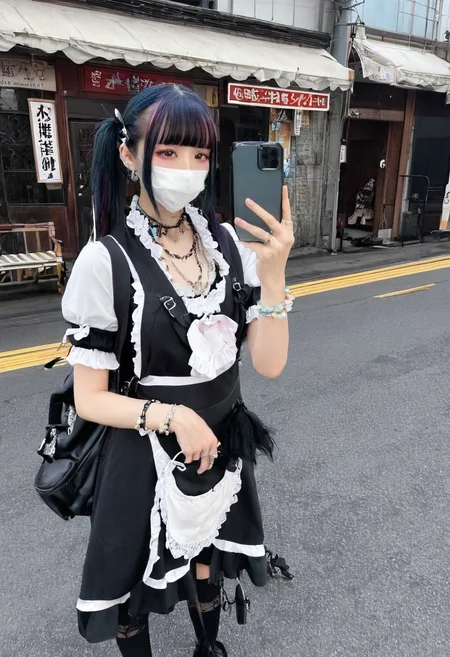 onlyfans,selfie,masterpiece,best quality,jirai kei, jiraikei face, a woman, jewelry, solo, twintails, mask, mouth mask, bag, ring, black hair, necklace, long hair, earrings, dress, eyes, looking at viewer, bangs, socks, bracelet, standing, backpack, black footwear, apron, blunt bangs, black dress, shoes, handbag, short sleeves, multicolored hair, maid, photo background,street
<lora:jirai kei-SDXL-V1:0.7>