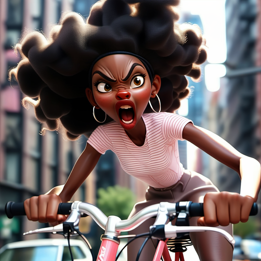 angry black woman riding a bicycle, city background  <lora:SamaritanEsdxl:0.7>