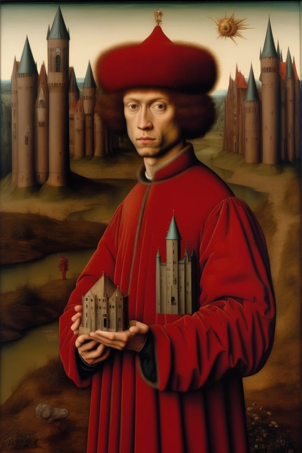 <lora:Jan van Eyck Style:1>Jan van Eyck Style - Jan van eyck style painting of David holding a tiny castle in his hand