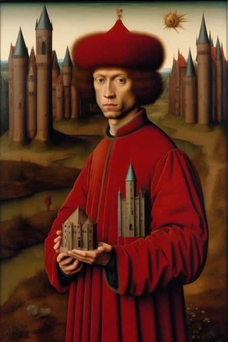 <lora:Jan van Eyck Style:1>Jan van Eyck Style - Jan van eyck style painting of David holding a tiny castle in his hand