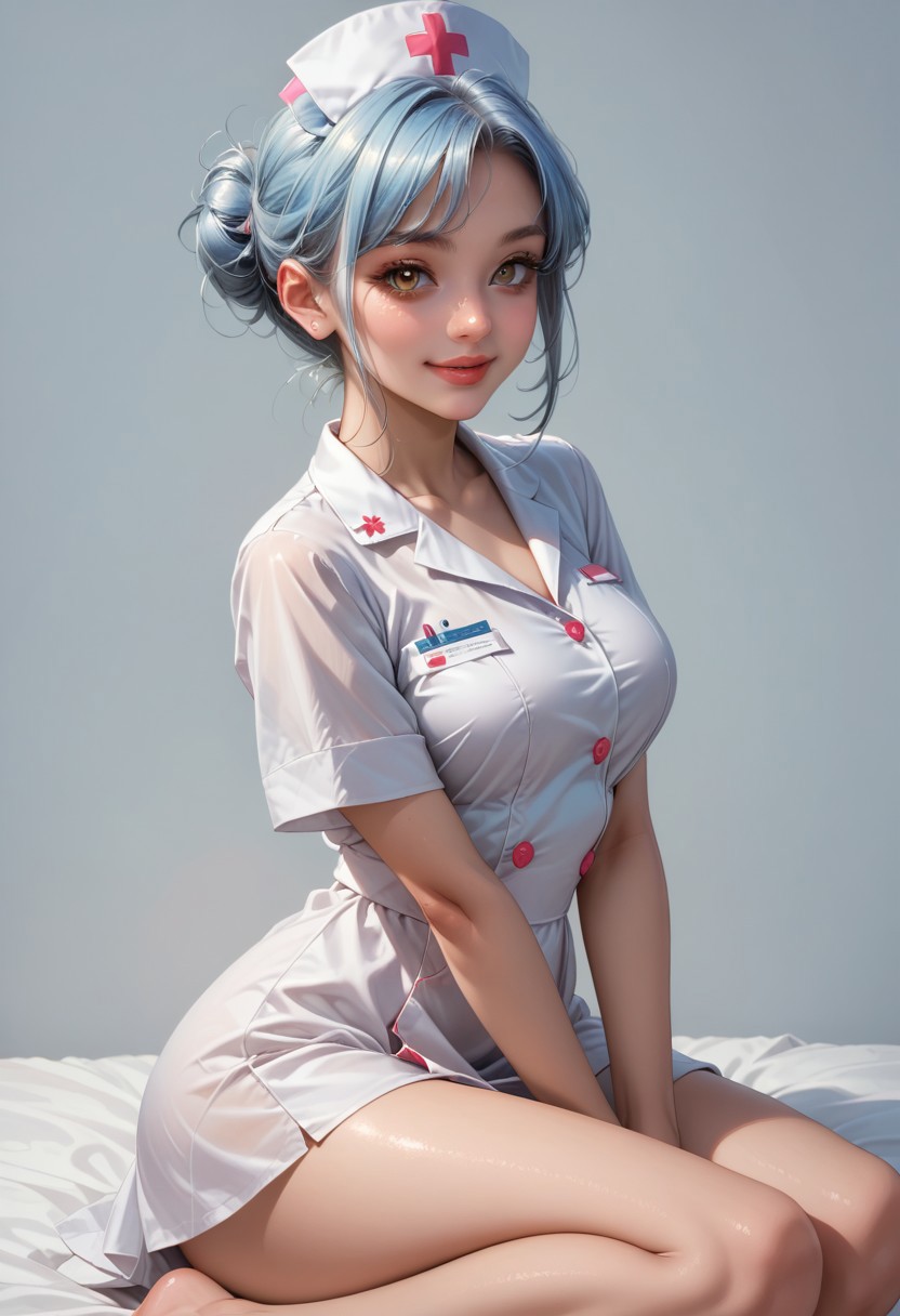 score_9, score_8_up, score_7_up, score_6_up, score_5_up, score_4_up, source_anime,high quality, highly detailed digital-painting,
woman, voluptuous body, brown eyes, puffy lips, puffy lips, light blue hair big topknot single-bun,
wearing white nurse dress with nurse cap,
dark grey blank background, 
top view, rim lighting, smile, sitting pose, legs crosse