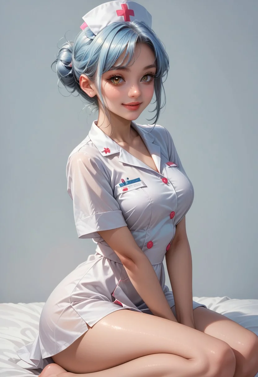 score_9, score_8_up, score_7_up, score_6_up, score_5_up, score_4_up, source_anime,high quality, highly detailed digital-painting,
woman, voluptuous body, brown eyes, puffy lips, puffy lips, light blue hair big topknot single-bun,
wearing white nurse dress with nurse cap,
dark grey blank background,
top view, rim lighting, smile, sitting pose, legs crosse