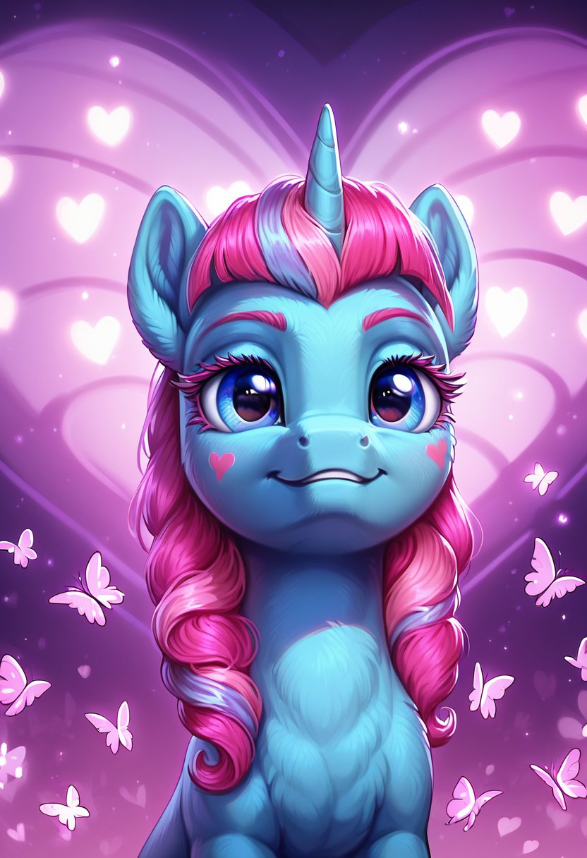 masterpiece, score_9, score_8_up, score_7_up, score_6_up, (best quality:1.1), ultra-detailed, high resolution, (UNICORN PONY)), (SOLO), (1GIRL), (FERAL PONY), ((KIWI LOLLIPOP), (pony nuzzle), ((detailed pink hair with light pink and blue stripe:1.5)), (highly detailed pony face), (highly detailed eyelashes:1.5), (beautiful detailed blue eyes), (detailed blue fur:1.5), (smirking), ((highly detailed purple pink heart shaped stage  background:1.5)), (purple pink flowers:1.5), (pink purple stage lights:1.5), (purple pink butterflies:1.5), high quality, sharp, the quality of ai art is frightening, highly detailed, Highly Visible, sharp focus, high detail, detailed background,