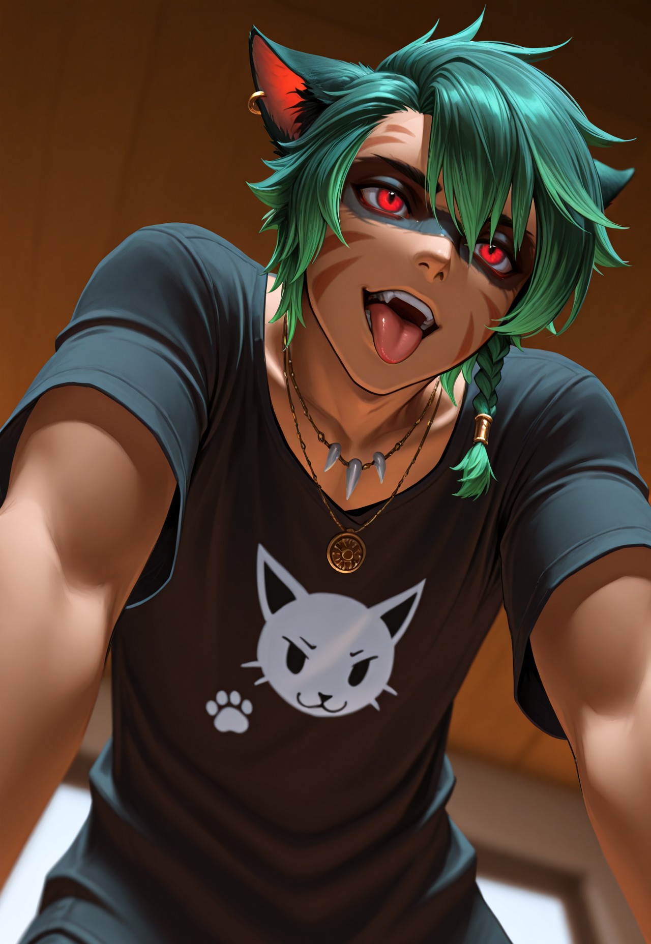 masterpiece, very aesthetic, KrhisT1A, jewelry, green hair, from below, solo, earrings, necklace, shirt, 1boy, male focus, red eyes, short hair, depth of field, tongue, short sleeves, facepaint, cat ears, animal ears, braid, facepaint, 