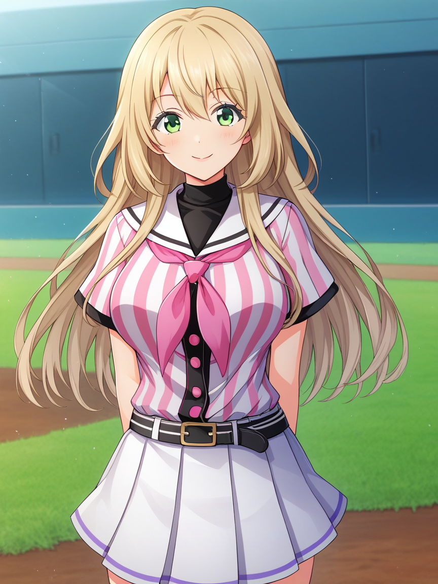 score_9, score_8_up, score_7_up, source_anime, masterpiece, intricate details, BREAK 1girl, solo, <lora:Nozaki_Yuki:1.0> N0Z4K1, long hair, blonde hair, green eyes, BREAK baseball uniform, shirt, striped shirt, vertical-striped shirt, short sleeves, layered sleeves, skirt, pleated skirt, white skirt, pink neckerchief, (belt:0.7), BREAK curvy, (breasts:1.0), (sagging breasts:0.5), (wide hips:1.0), BREAK standing, arms behind back, BREAK looking at viewer, shy, light smile, BREAK outdoors, baseball field, BREAK cowboy shot, BREAK zPDXL, zPDXLxxx,