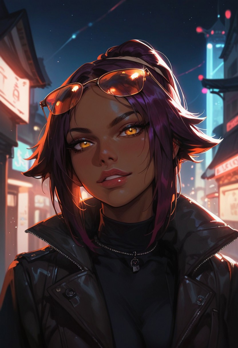 score_9, score_8_up, score_7_up, score_6_up,  masterpiece, best quality, 1 female, yoruichi shihouin, dark skinned female, outdoors,  night, city,  
,g0thicPXL, glowing, neon, aviator sunglasses