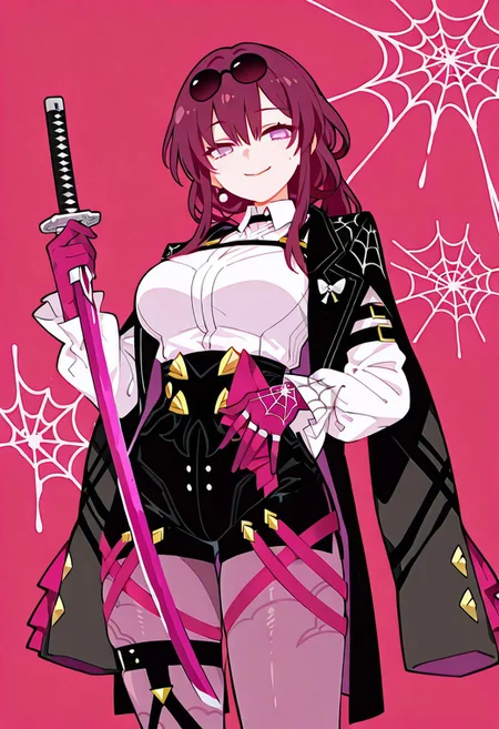masterpiece,best quality,amazing quality, solo, Kafka_Honkai,fake smile,red hair, long hair, large breasts, eyewear on head, white shirt, collared shirt, black coat, coat, purple gloves, high-waist shorts, thigh strap, long sleeves, pink pantyhose,sumg,holding katana , purple katana,
simple background, Claret red background, spider web on background,haiz_ai, no lineart,no outline ,<lora:ponyv6_noobE11_2_adamW-000017:0.3> <lora:MeMaXL4:0.8> <lora:veluflora-wai:0.4> <lora:haiz_ai_illu:0.7>,
