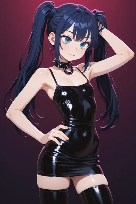 anime-style, feminine young man,1boy,otoko no ko,flat chest,solo, very cute pose, one hand on hip and the other in his hair, wearing a tight black latex turtleneck dress, spike choker, long dark blue hair, blue eyes, soft smile, confident expression, model-like posture, full body, stylish lighting, clean background, semi-realistic, high detail, 4k illustration,