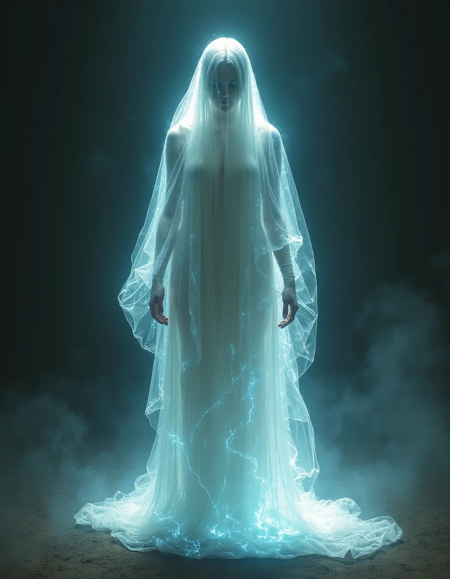 A hauntingly beautiful ghostly figure, illuminated by glowing plasma, emerging from the shadows. Realistic painting style with intricate details and lifelike textures. Inspired by the works of John Singer Sargent and Edgar Degas. Studio lighting creates a dramatic atmosphere for this concept art piece.