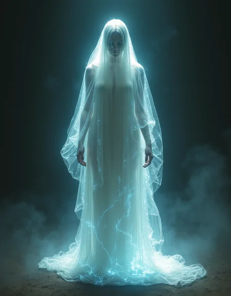 A hauntingly beautiful ghostly figure, illuminated by glowing plasma, emerging from the shadows. Realistic painting style with intricate details and lifelike textures. Inspired by the works of John Singer Sargent and Edgar Degas. Studio lighting creates a dramatic atmosphere for this concept art piece.