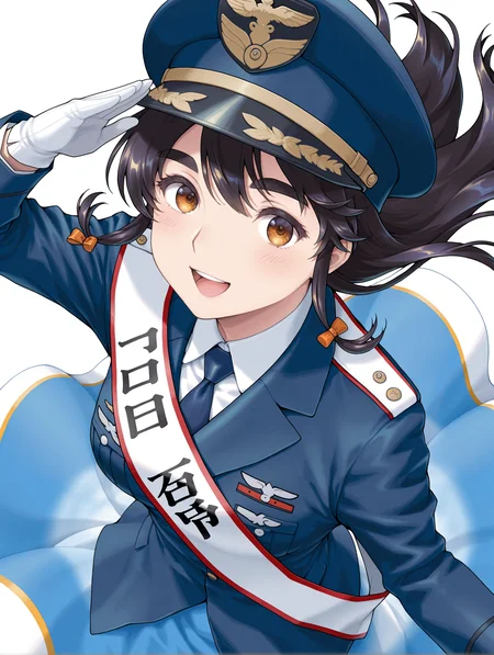 masterpiece,best quality,newest,1girl,solo,
<lora:mao2_ilxl_v1.2:1>,mao2,m_hat,m_clothes,white gloves,blue jacket,blue skirt,
<lora:Fixhands_anime_bdsqlsz_V1:1>,looking_at_viewer,front view,standing,salute,white_background,simple_background,upper_body,profile,floating hair,smile,happy,light_blush,