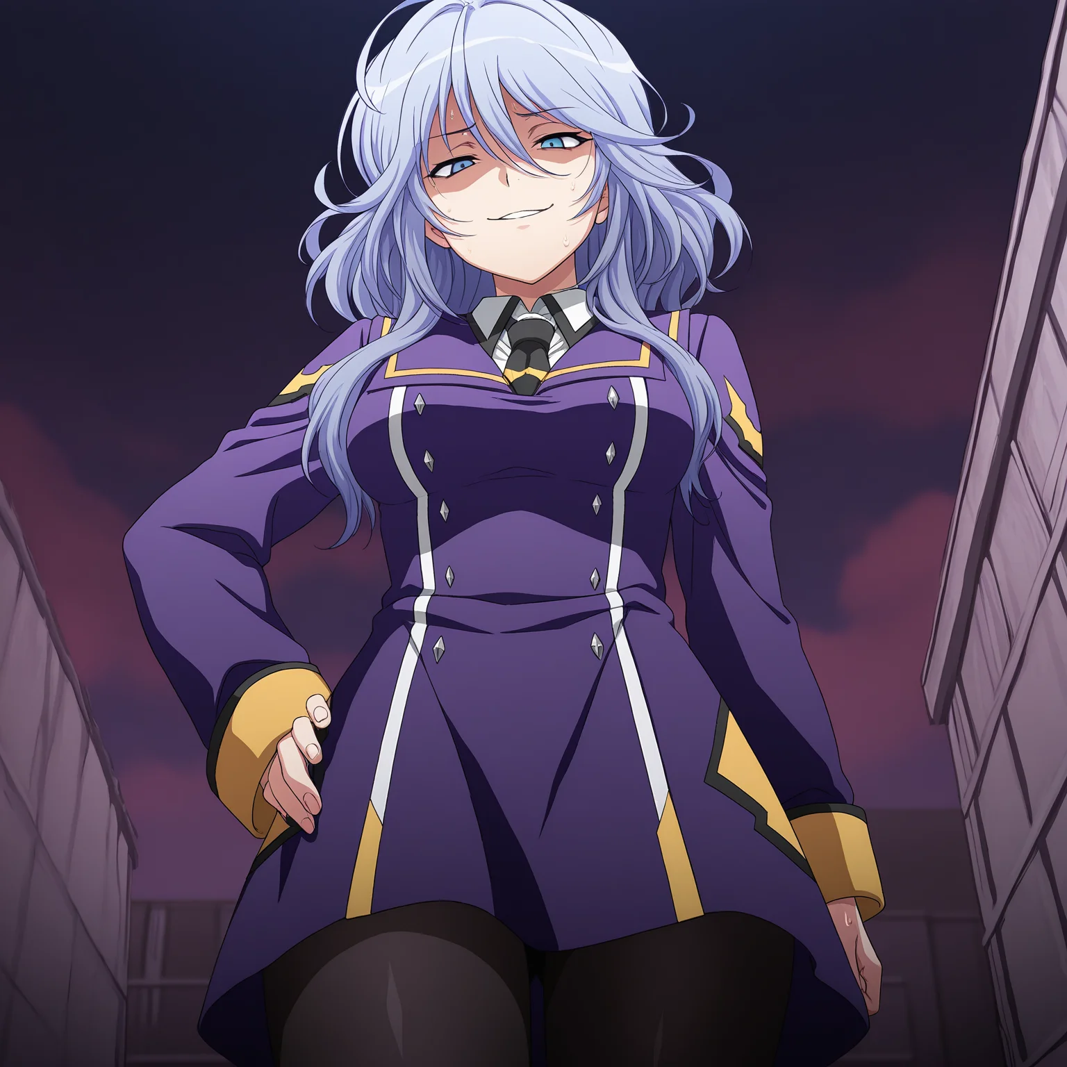 masterpiece, best quality, amazing quality, anime screencap, 1girl, solo, standing, cowboy shot, from below, outdoors, scenery, looking at viewer, evil smile, smug, nervous, sweat, <lora:shiony:0.9>, shiony regis, blue hair, blue eyes, purple military uniform, black pantyhose, medium breasts, thick thighs,