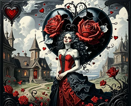 A symphony of the surreal, the demon, a grotesque masterpiece of bioengineering, pirouettes through a landscape of impossible geometries, scattering heart-shaped grenades that explode into clouds of black roses. Its crimson dress, a tapestry of writhing parasites and blooming fungi, billows in the nonexistent wind. Logic crumbles, reason dissolves, as it embodies the very essence of the absurd, a being of pure, unadulterated chaos, its laughter echoing like the shattering of a thousand porcelain hearts â a truly demonic Valentine
<lora:corcoc1s:0.8> corcoc1s