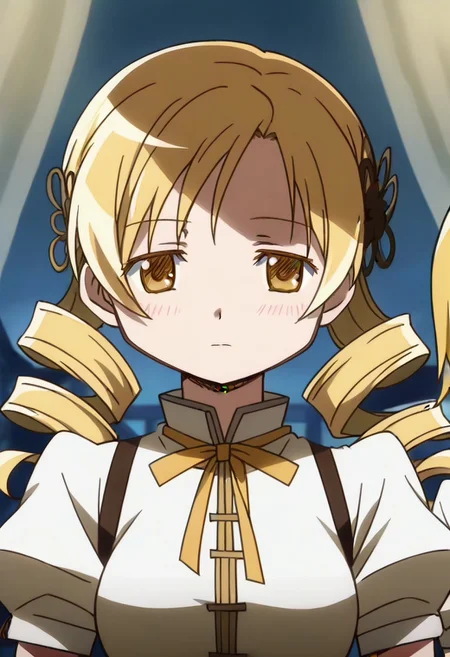 rating_safe, anime screencap, , tomoe mami, blonde_hair, drill_hair, twin_drills, twintails, hair_ornament, yellow_eyes,,, <lora:Madoka-Mami_Tomoe-PDXL:0.8>