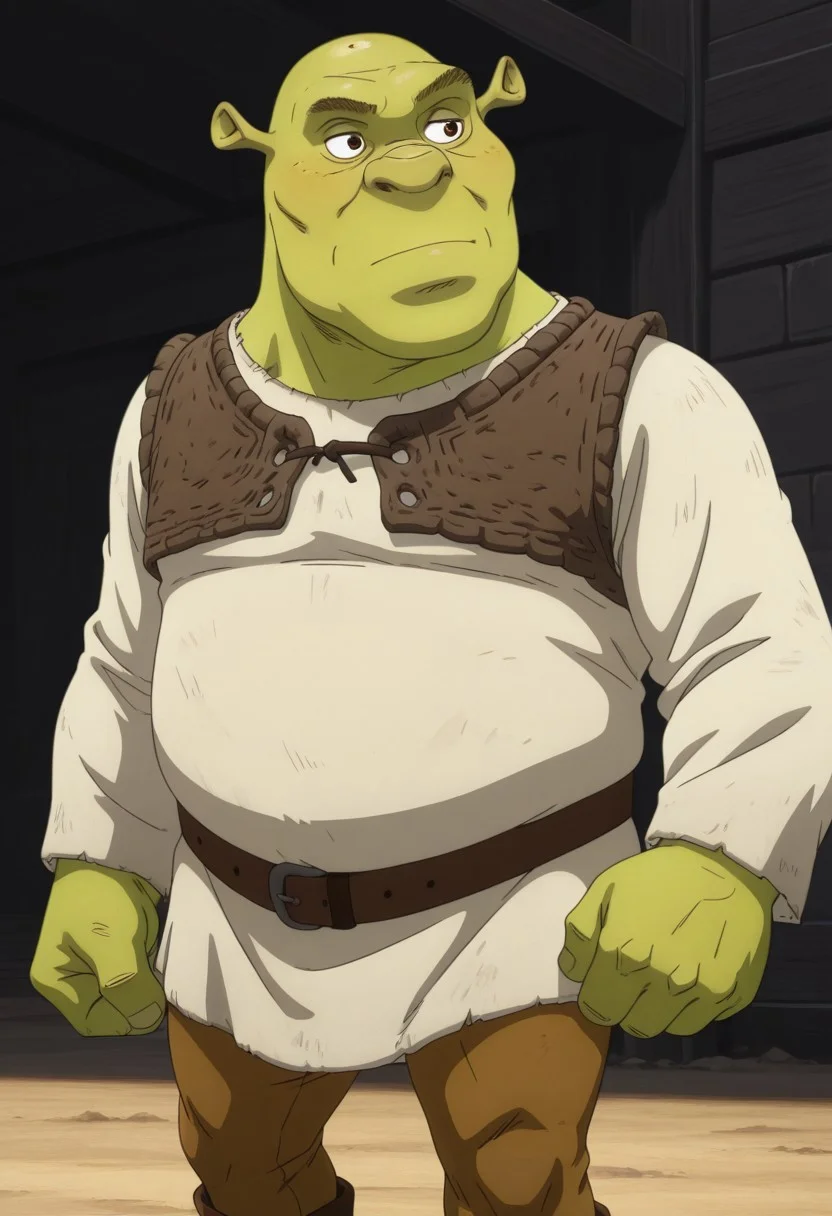 masterpiece, best quality, newest, absurdres, highres, anime, anime style, Vinlandsagastyle-IL.V1.0 1boy, shrek, bald, green skin, brown vest, white shirt, brown belt, pants