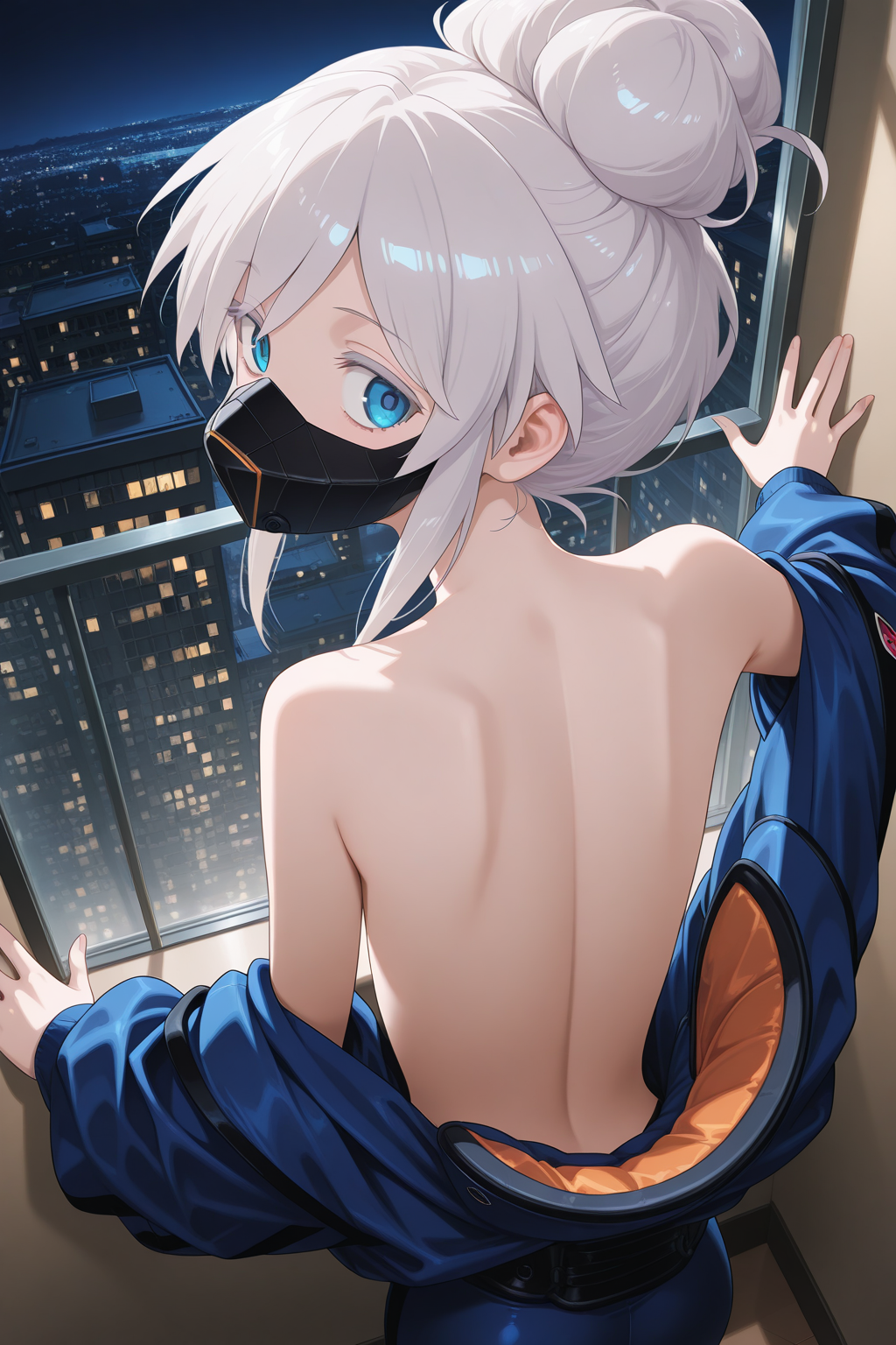 1girl,
DeuxMurasameGundamGQ, DMPilotSuit,
general, solo, perspective, dynamic angle, from behind, upper body,
grey hair, blue eyes, colored eyelashes, shoulder blades, bare back,
mouth mask, blue bodysuit, undressing,
hand on wall, glass wall, 
night, apartment, balcony, softlighting,
depth of field,
<lora:kp_DeuxMurasameGundamGQIllustrious_v1_1:1.0>,
masterpiece, best quality, amazing quality