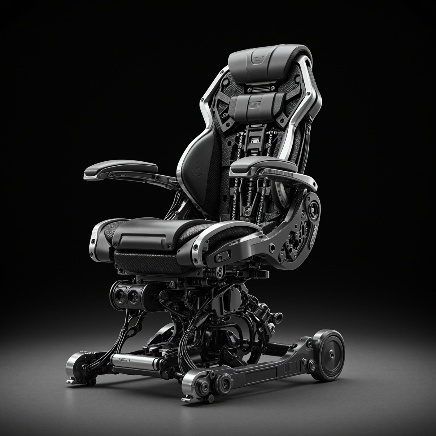 a biomechanical throne-like interface rig made of fused metal and carbon fiber struts, armatures extending from the base in smooth overlapping segments, control filaments trailing from the spine connection point, spotlit against a dark workshop interior

a photorealistic high-tech command chair structure with advanced carbon fiber construction and ergonomic machinery, shot from a low angle for dramatic industrial effect



carbonfibermk.1, MG-Mk.1


