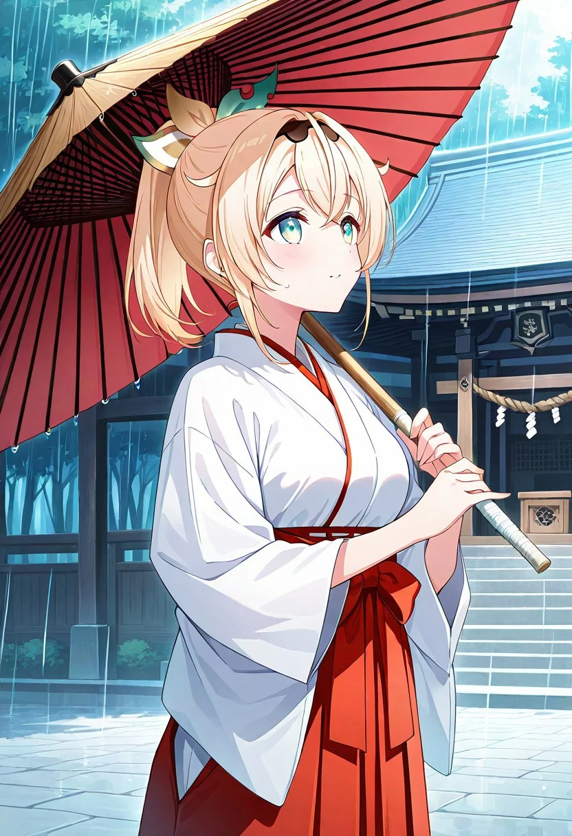 1girl, cowboy shot, 1girl, solo, kazama iroha, (Hololive), Vtuber, blonde hair, ponytail, hair ribbon, green eyes, medium breast,
Shrine Maiden, Miko, white shirt, red hakama,
easynegative, negative_hand, side view, holding umbrella, wood umbrella, looking up, raining.
official art, easynegative, dynamic image, masterpiece, amazing quality, HD32K, vibrant colours, HD32K, highly detailed, detailed background,