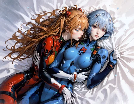 score_9, score_8_up, score_7_up, score_6_up, score_5_up, score_4_up, 2girls, (Rei Ayanami, Asuka Souryuu Langley:1.2), from above, lying down, (plugsuit), light blue hair, short hair, blue cushions, velvet sheets, satin, expressiveh, castlevania, kojima ayami