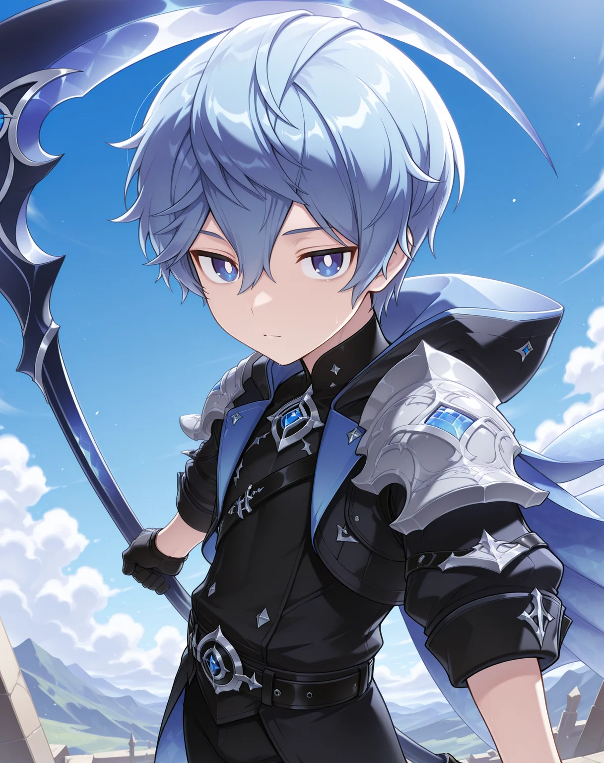 masterpiece, amazing quality, best quality, absurdres, very aesthetic,
1boy, solo, yaoi, male focus, cowboy shot, upper body, looking at viewer, face focus,
<lora:Noah_Liberator_ilxl:1> noahlb, blue eyes, blue hair, hair between eyes, short hair, white pupils,
black gloves, shoulder armor, black pants, blue cape, pauldrons, hood down, belt, sleeves rolled up, black jacket, black footwear, shoes,
scythe, holding weapon, holding scythe,
outdoors, day, blue sky,