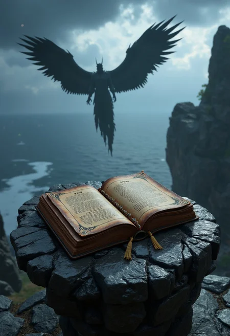 A tattered leather-bound grimoire lies open atop a blackened stone pedestal at the summit of a shattered mountain, surrounded by jagged floating islands suspended in a storm-torn sky. The book’s pages, inked with symbols that shift and flicker like dying embers, turn on their own as if searching for a forgotten spell. Thunder rumbles in the distance, and in the farthest reaches of the sky, colossal winged shapes move in slow, deliberate circles, watching.
   , aidmabaldursgate3, aidmamj6.1, aidmafluxpro1.1
