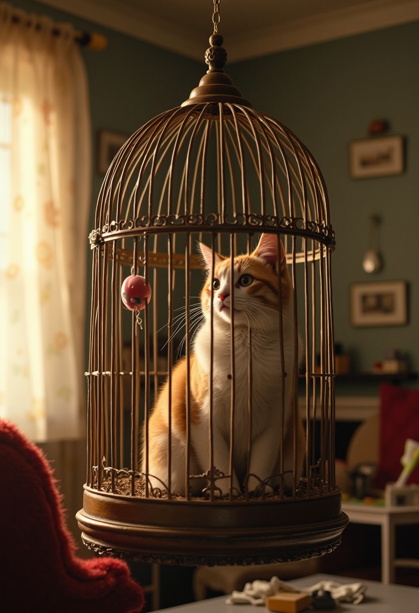 Visualize a whimsical scene of a contented cat comfortably seated inside a large birdcage hanging in the middle of a cozy living room. Outside the cage, a playful toy bird dangles, catching the cat's curious gaze. The room is warmly lit, and the cage casts intricate shadows on the walls, adding to the surreal ambiance.