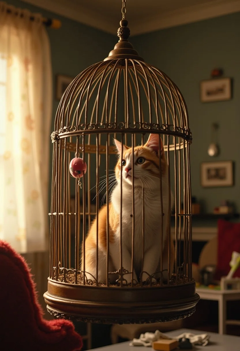 Visualize a whimsical scene of a contented cat comfortably seated inside a large birdcage hanging in the middle of a cozy living room. Outside the cage, a playful toy bird dangles, catching the cat's curious gaze. The room is warmly lit, and the cage casts intricate shadows on the walls, adding to the surreal ambiance.
