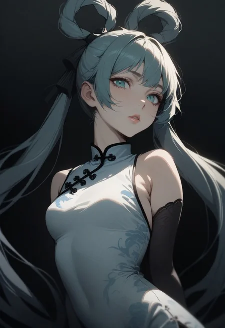 YohkoMano,1girl,solo, hair rings,long twin tails, aqua eyes, yin yang,chinese clothes,weapon,china dress, lips, thin lips, parted lips, solo, looking at viewer, camisole, masterpiece, best quality, very aesthetic