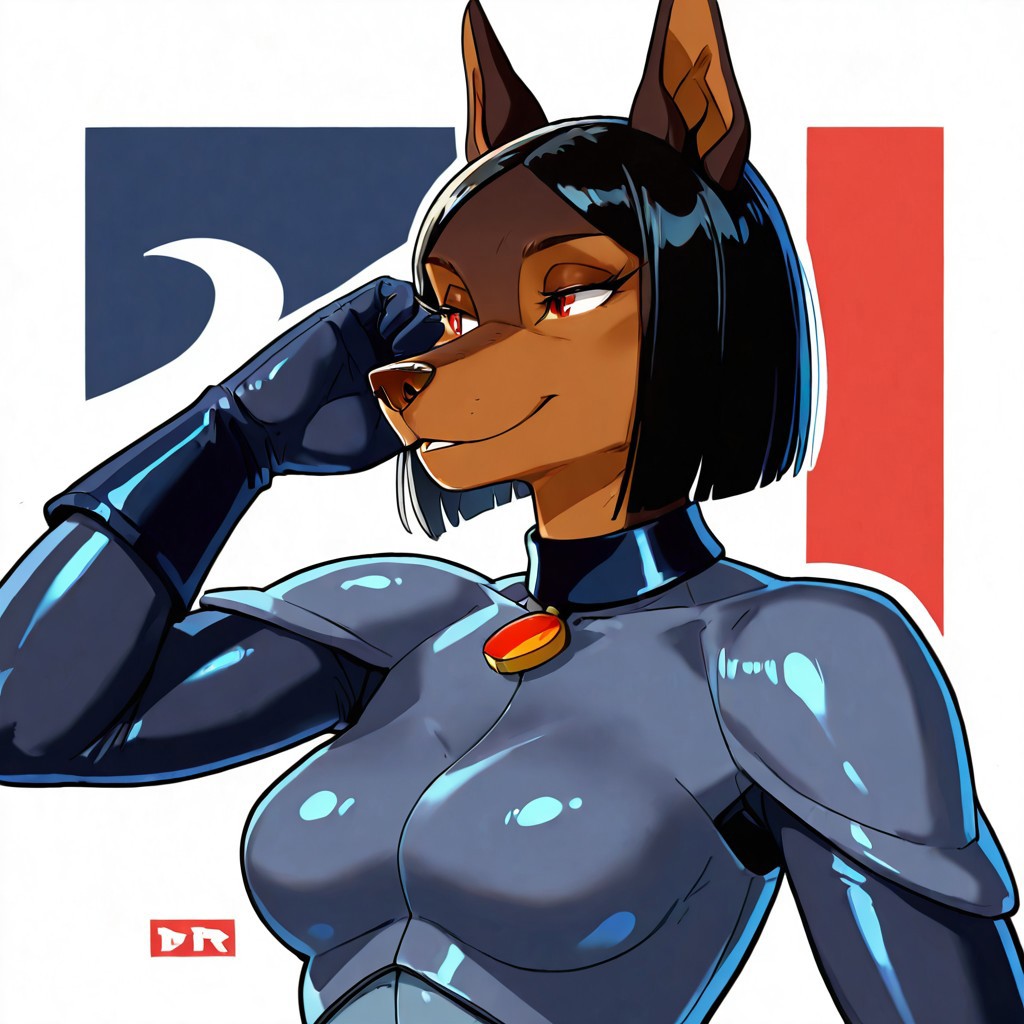 0ph313ia,1girl,solo,furry,furry female,dog girl,pointy ears,black hair,short hair,straight hair,red eyes,snout,animal nose,body fur,dog tail, RoadRovers Suit