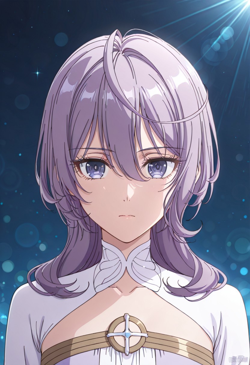 score_9, score_8_up, score_7_up, dynamic view, eye_focus, solo, looking_at_viewer, 1girl, 
masterpiece, best quality, bokeh, luminescent background,
( philiaa denauer,  purple hair, ahoge, long hair, blunt bangs, hair over shoulder, hair betveen eyes, purple eyes, small breasts,   closed mouth, serious face,    dress, two-tone dress, purple dress, white dress, sidelocks, long sleeves, white shoes,
 ),
portrait, happy