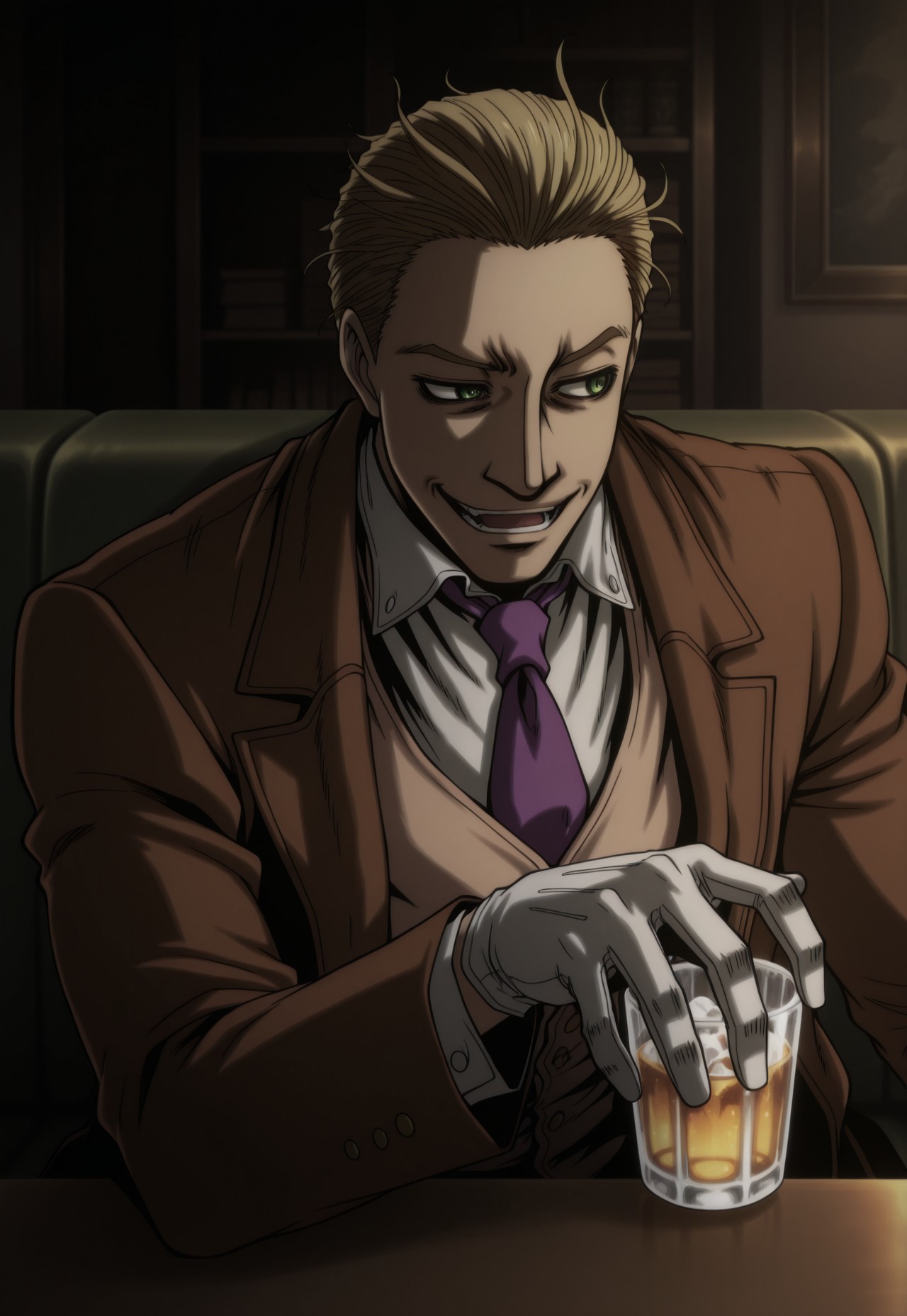 score_9, score_8_up, score_7_up, masterpiece, best quality, very aesthetic, ArthurHellsing, 1boy, solo, male focus, blonde hair, short hair, green eyes, brown jacket, white shirt, beige vest, purple necktie, white gloves, sitting, couch, study (room), holding drinking glas, alcohol, laughing, dark, perspective, portrait