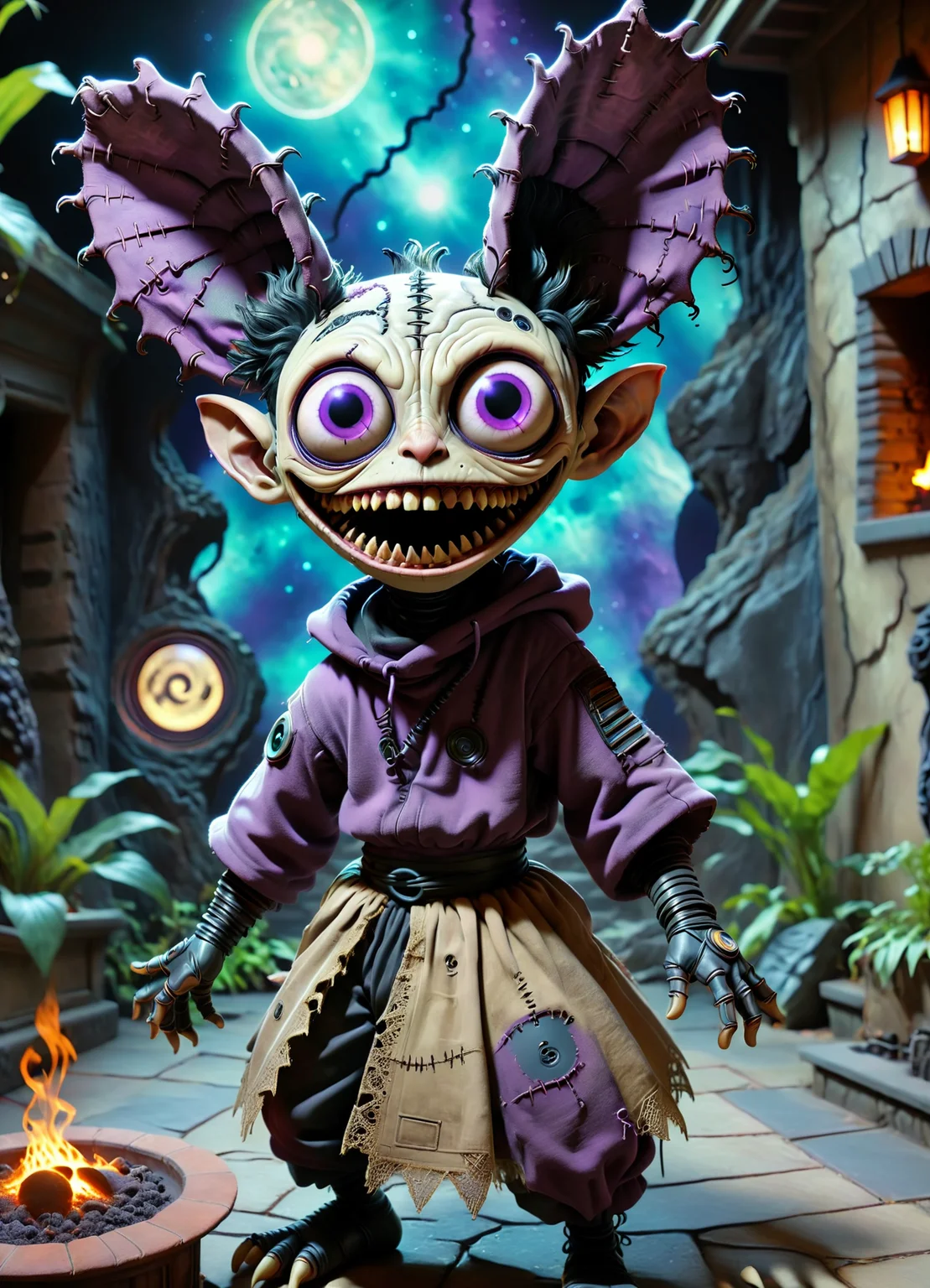 DonMCr33pyD0115XL male galactic historian, eighteen buoyant, pacific islander, violet eyes, large ears, narrow nose, pointed jaw, unusual face shape, sculpted ankles, , jet black short crop hair, fear, striking a charismatic pose while entertaining with music or storytelling., wearing muted haptic feedback rubber levitating wrap-around skirt, plasma-lace lace neural network pattern jet black ar-embedded hoodie, solar-powered charging case ,ar headgear , holding out hands while manipulating energy or elements., hyperspace glow, alien planet exploration, alien flora and fauna with vibrant colors, multinational space accord assembly, bioluminescent photoluminescent pavers, outdoor fireplace, patio umbrella lights, <lora:DonMCr33pyD0115XL:1>