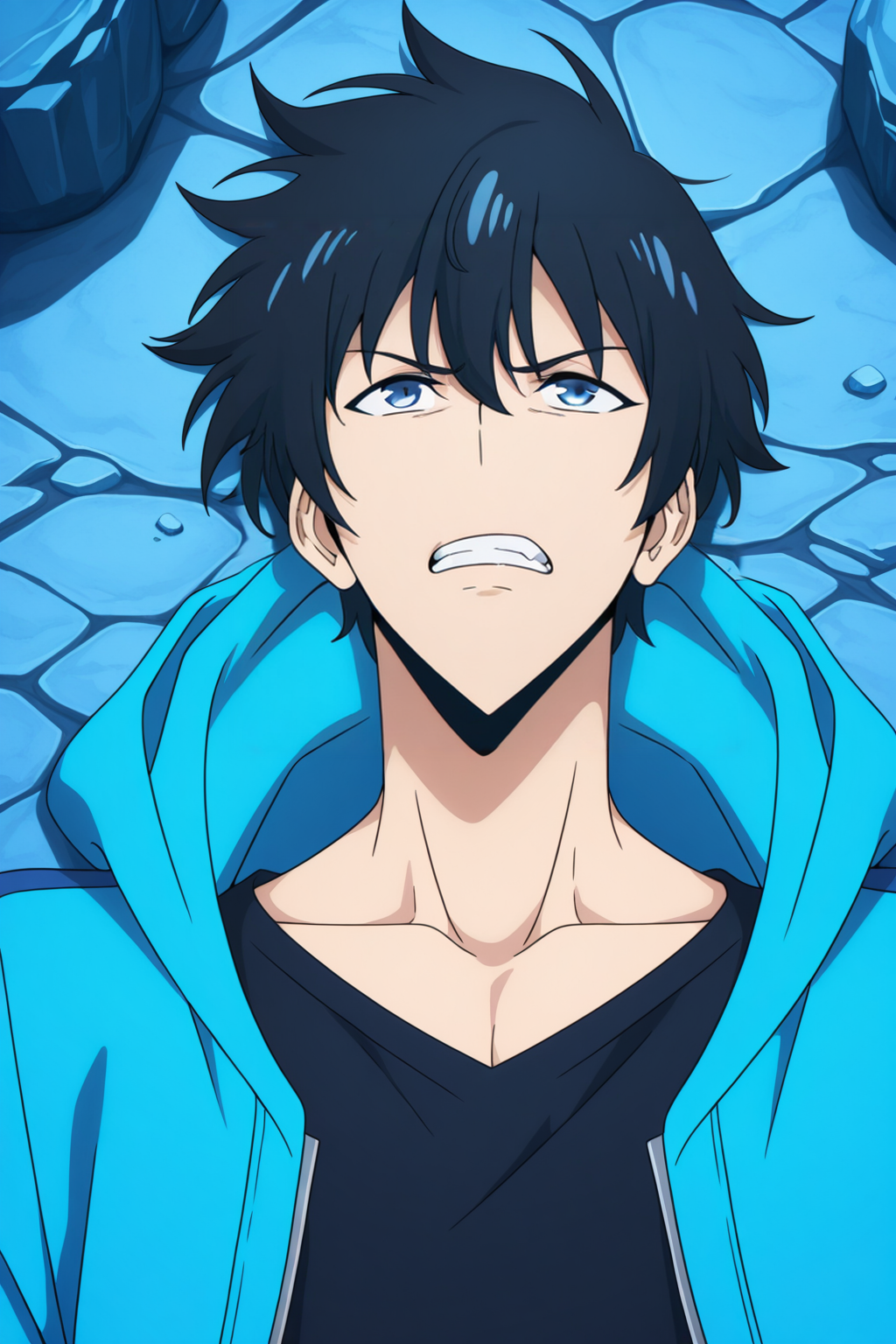 <lora:SoloLeveling:1>, SoloLeveling, 1boy, male focus, solo, teeth, black hair, clenched teeth, on back, shirt, lying, jacket, blue eyes, hood, black shirt, collarbone, open clothes, open jacket, hooded jacket, blue jacket, blue theme, long sleeves, rock,